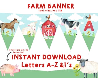 FARM BANNER Farm instant download banner Farm birthday party baby shower Barn Banner Printable Cow Horse Pig Sheep Lamb Duck Banner