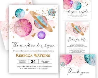 May include: A baby shower invitation with a pink and blue watercolor background featuring planets and stars. The text reads "The countdown has begun. It's a girl! Please join us for a baby shower honoring Rebecca Watkins. Saturday, February 24, from 10:00 am to 12:00 pm. 32421 Oak Manor Place, Los Angeles 93932. RSVP: Oliver's Mom at 251-555-9392."