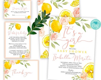 LEMON baby shower invitation Pink Lemon baby shower Lemonade baby shower Diaper raffle tickets, Thank you, and Book instead of a card insert