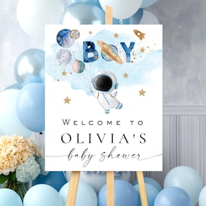 Bearbeitbares Weltraum-Babyparty-Willkommensschild, Astronaut Weltraum-Duschedekorationen Laden Sie die druckbare Vorlage herunter Blast off moon baby shower
