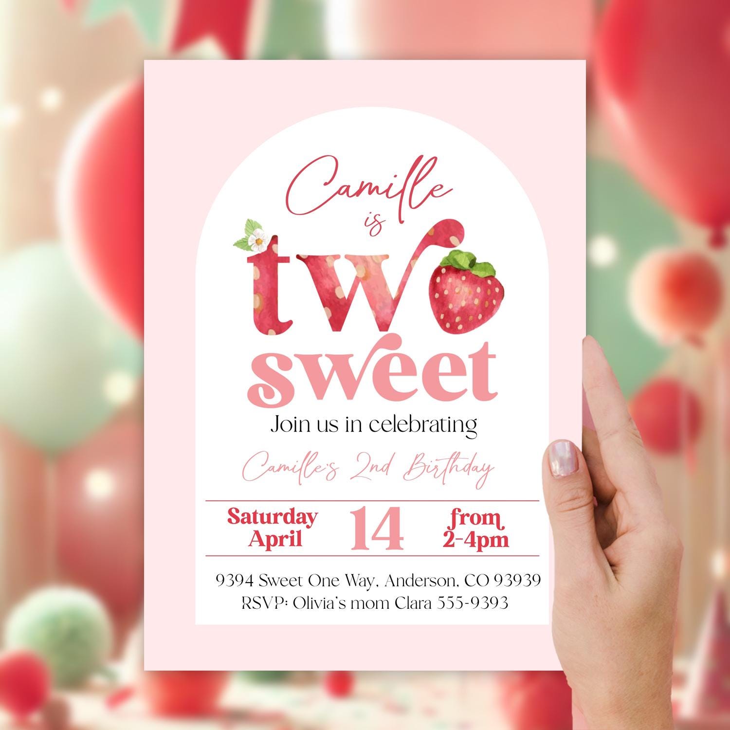 Strawberry Second birthday invitation Two Sweet Berry 2nd birthday invitation watercolor strawberries birthday party instant download