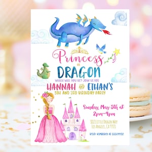 Invitación de cumpleaños de PRINCESA y DRAGÓN Niño Niña Hermanos gemelos duales Invitación de cumpleaños de PRINCESAS y DRAGÓN imprimible descarga instantánea
