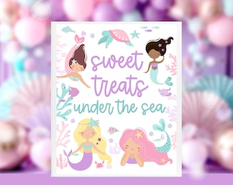 Mermaid birthday party sign sweet treats under the sea, mermaid party snack table cake sign printable instant download under the sea party