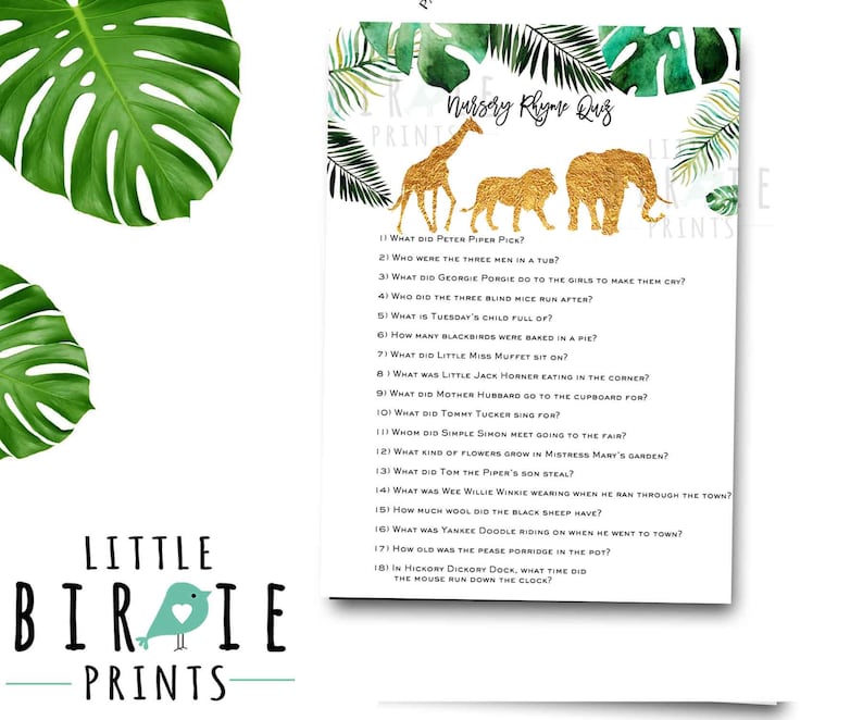 JUNGLE baby shower nursery rhyme quiz Jungle animals baby