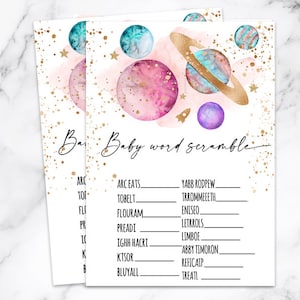 Pink Space Baby shower baby word scramble, Girl Baby Astronaut Planets Space baby shower game baby word scramble juego de cartas Planets
