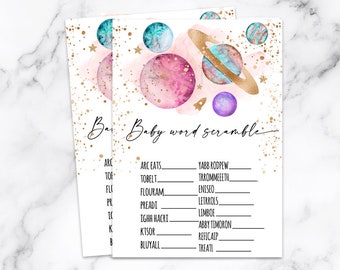 Pink Space Baby shower baby word scramble, Girl Baby Astronaut Planets Space baby shower game baby word scramble cards game Planets