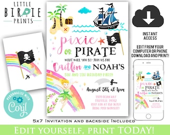 PIXIE and PIRATE BIRTHDAY Invitation Pixie pirate Invitation Boy Girl Twins Siblings invitation Fairy and Pirate Princess and pirate instant
