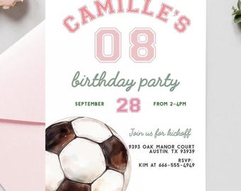 MEISJE VOETBAL verjaardagsuitnodiging roze voetbal verjaardagsuitnodiging voor feest bewerkbare voetbalfeest uitnodigen instant download sportbal