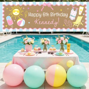 May include: A rectangular banner with a brown cork-like background and light blue striped borders, featuring the text "Happy 6th Birthday Kennedy!" surrounded by illustrations of a sun, ice cream, beach ball, swimsuit, sunscreen, and chair.