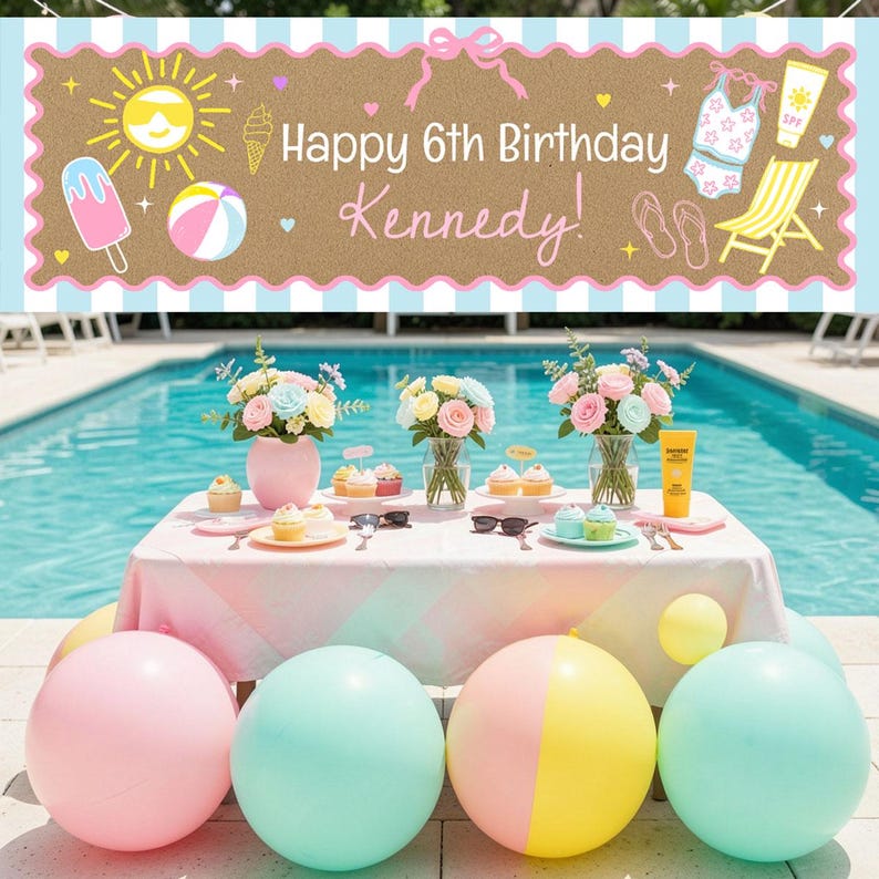 May include: A rectangular banner with a brown cork-like background and light blue striped borders, featuring the text "Happy 6th Birthday Kennedy!" surrounded by illustrations of a sun, ice cream, beach ball, swimsuit, sunscreen, and chair.