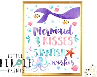 MERMAID PARTY SIGN Mermaid Kisses and Starfish Wishes - Mermaid Wall art - Mermaid Birthday Party Printables  Mermaid Nursery Art Watercolor