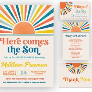 Aquí viene la invitación para baby shower de Hijo, invitación para baby shower Retro Sunshine, talonarios de boletos para rifa de pañales para baby shower de Boy sun para bebé