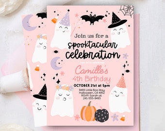 Halloween Pink Ghost Birthday Party Invitation Editable, Ghost Birthday SpooktacularBirthday Instant download 1st 2nd 3rd 4th 5th 6th