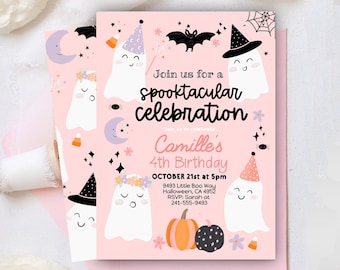 May include: Pink invitation with a ghost wearing a witch hat and the text "Join us for a spooktacular celebration" and "Camille's 4th Birthday".