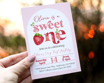 Strawberry First birthday invitation Sweet One  Berry first birthday invitation watercolor strawberries birthday party instant download