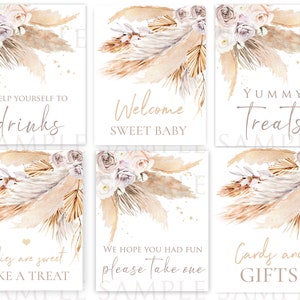 Pampas Grass baby shower set de letreros Boho baby shower Tarjetas y regalos Fiesta favor Signo gracias firma Bebida de alimentos signos ducha neutra beige