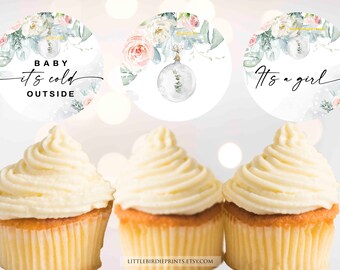 PINK WINTER BABY Shower decorations cupcake toppers, Blush pink flowers eucalyptus snowflake baby shower cupcake toppers, Greenery snow