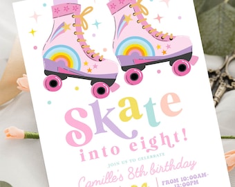 Roller skate birthday party invitation, Roller skate birthday invite, Rollerblade Skate rink birthday girl retro rainbow pink printable