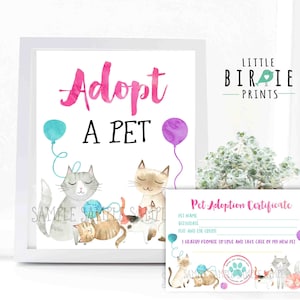 Kitty cat birthday party Adoption certificate and Adopt a pet sign, Instant download printable kitty cat party favor