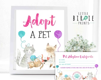Certyfikat adopcji na imprezę urodzinową dla kotka i znak „Adoptuj zwierzaka”, natychmiastowe pobranie do druku upominku na imprezę dla kotka