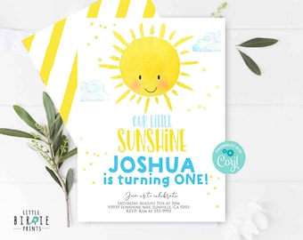 Editable SUNSHINE Invitation Sunshine birthday invitation BOY Sunshine first birthday invitation blue You are my sunshine birthday party