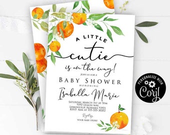 Cutie baby shower invitation Tangerine baby shower invitation Citrus baby shower A little cutie is on the way baby shower fruit tangerine