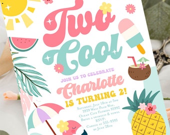 Two Cool birthday invitation, Summer 2nd birthday pool party ice cream splash pad party, Second birthday girl tropical fruit watermelon