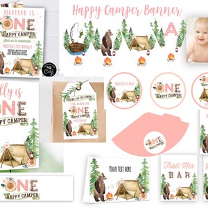 Ragazza ONE HAPPY CAMPER invito e confezione festa Toppers cupcake rosa Camper Etichette bomboniere banner cappelli etichette acqua carte buffet cartello di benvenuto