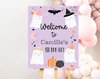 HALLOWEEN WELCOME SIGN purple Halloween birthday party decorations welcome sign Ghost birthday party Two Spooky One Trick or Three Four ever