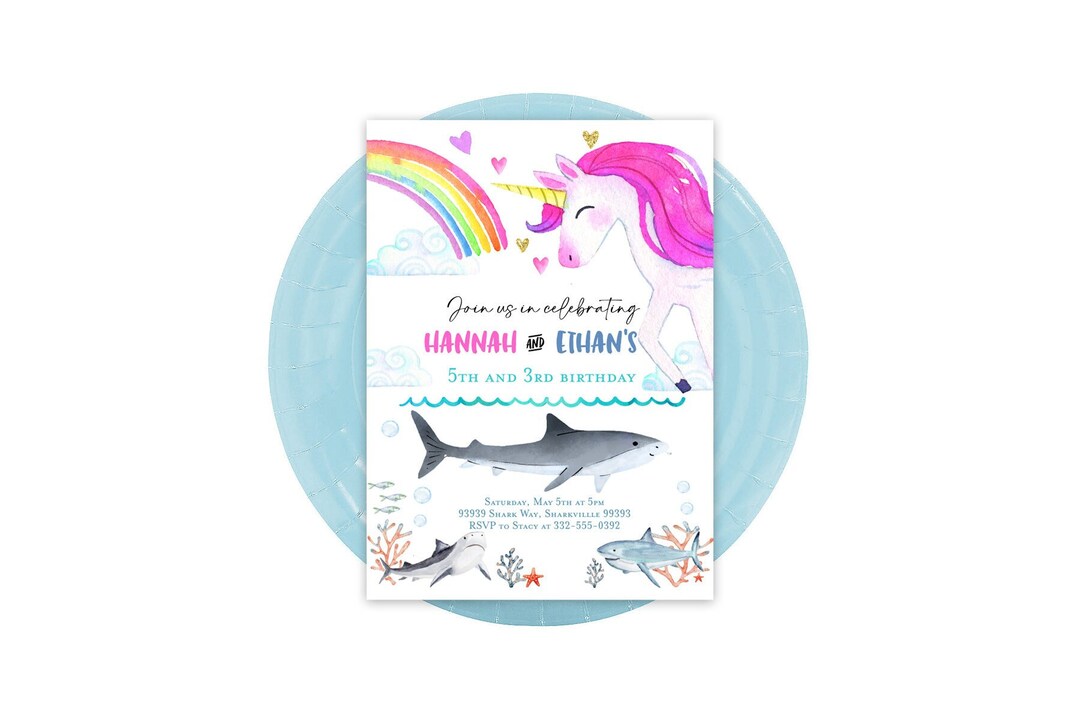 Unicorn and Sharks Invitation, Boy Girl Sibling Invitation Twins Dual ...