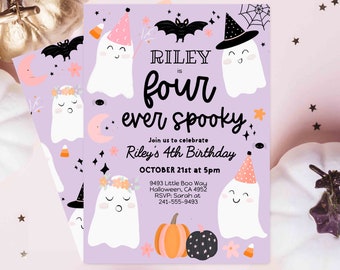 Four ever spooky Halloween Purple Ghost 4th Birthday Party Invitation Editable Ghost fourth Birthday Spooktacular Birthday Instant download