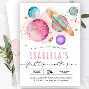 Girl Space First Birthday Invitation, Pink First Trip Around the Sun Invite Download Printable Invitation Template Blast off outer space