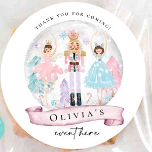 Nutcracker stickers favor tags, Pastel pink Christmas printable thank you gift tags, Ballerina sugar plum fairy, birthday party baby shower
