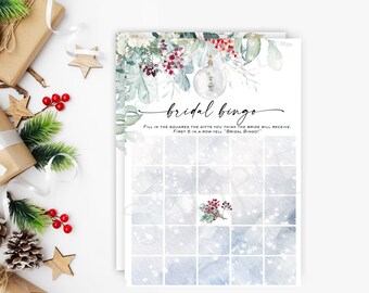 Winter bridal shower game Bridal Bingo, Christmas bingo bridal shower game, Winter greenery red berries watercolor flowers game red green