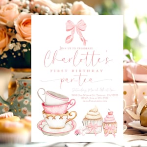 Tea party first birthday invitation, First birthday par-tea, pink bow 1st birthday tea party invitation, Pink high tea simple girls birthday