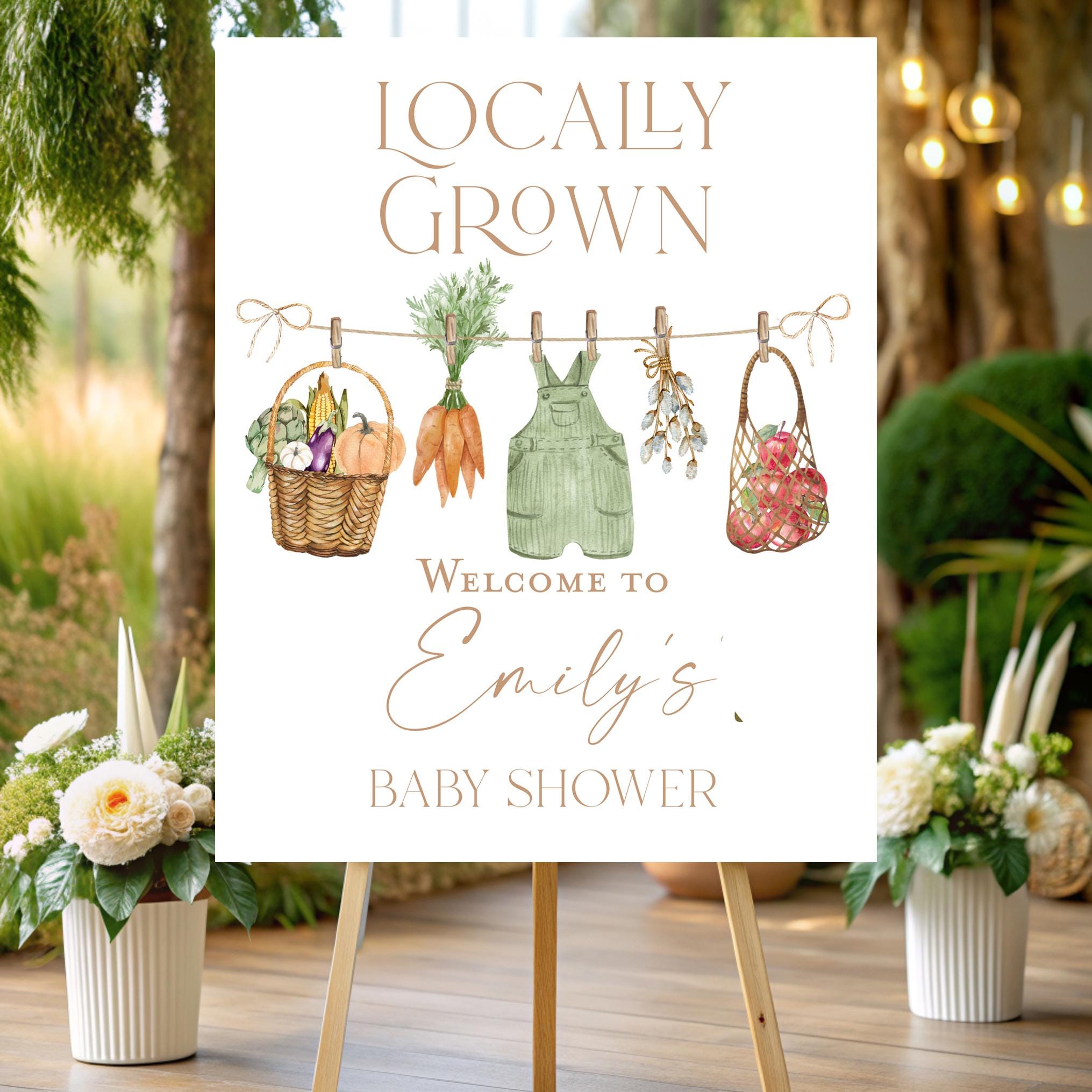 Lokal angebautes Babyparty-Begrüßungsschild, Bauernmarktschild-Babyparty-Brunch oder Garten mit frischen Blumen Obst und Gemüse Apfeldusche