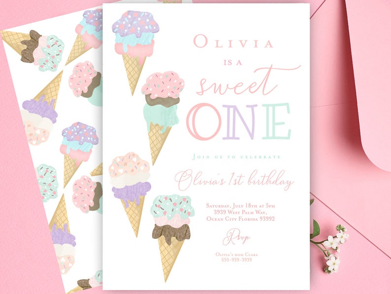 May include: A pink and white invitation with a pastel ice cream cone design. The text reads "Olivia is a sweet one" and includes details for a first birthday party.