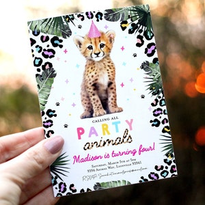 Convite de aniversário de chita, gato grande, safari, animais, convite de aniversário, impressão de chita, zoológico, aniversário, selva selvagem, convite de menina rosa