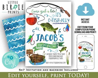 FISHING BIRTHDAY INVITATION, Fishing First Birthday Invitation, Watercolor fishing birthday party invitation, Printable fish invitation