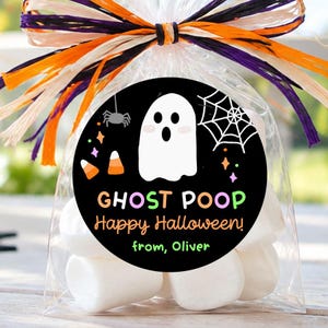 Op de afbeelding: Een doorzichtige plastic zak gevuld met witte marshmallows, vastgebonden met oranje, paars en zwart raffialint. Een ronde zwarte sticker toont een wit spook, een spin, een web en maissnoepjes met de tekst GHOST POOP Happy Halloween! from, Oliver.