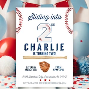 May include: Baseball-themed birthday party invitation with a blue and white baseball number 2, the text "Sliding into 2nd", and the name "Charlie is turning two!" The invitation also includes a baseball bat, a baseball glove, and the date and time of the party.