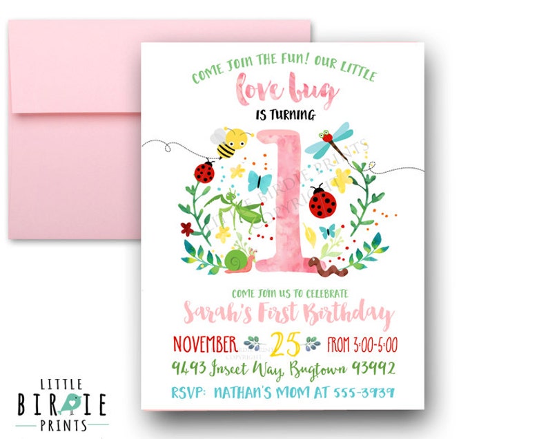 BUG Invitation BUG Birthday invitation Bug first birthday invitation Insect Birthday Girl Bug Invitation Ladybug Butterfly Bee Invitation image 1