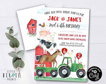 May include: A farm-themed birthday invitation for Jack and Jane's 2nd and 6th birthday party. The invitation features a red barn, farm animals, a green tractor, and the text "Oink. BAA. MOO. NEIGH! Join us for Jack and Jane's 2nd & 6th Birthday. Saturday, May 3rd at 5pm. 9392 Farm Way, Farmville. RSVP at 555-3322 or at littlebirdieprints@gmail.com."