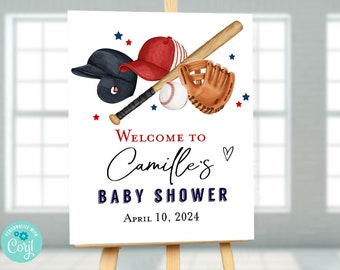 Segno di benvenuto per il baby shower da baseball modificabile, decorazioni per baby shower da baseball Scarica il modello stampabile Baby shower Little Rookie Slugger