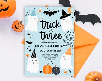 Trick or Three Halloween Blue Ghost 3rd Birthday Party Invitation Editable, Ghost Third Birthday Spooktacular 3rd Birthday Blue boy