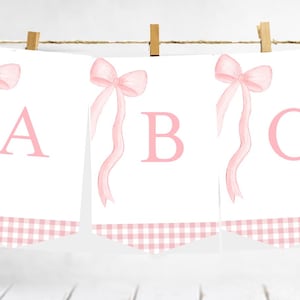 May include: A pink and white banner with pink bows and the letters A, B, and C. The banner has a gingham pattern.