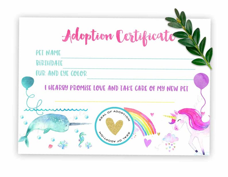 Unicorn Adoption Certificate Narwhal Adoption Certificate Adopt a ...