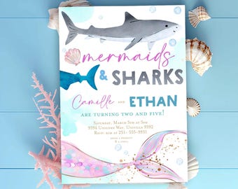 MERMAID and SHARK INVITATION Mermaid and shark birthday invitation Dual Sibling Boy Girl Birthday Invitation Under the Sea Pool Party Invite
