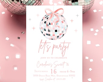 Sweet 16 Disco ball birthday invitation, Mirrorball Music Dance birthday party invitation, Girl discoball invitation, Coquette bow birthday