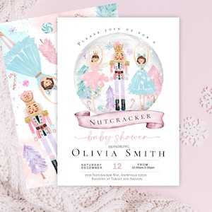 Nutcracker baby shower invitation, Winter christmas baby shower invitation sugar plum fairy ballerina snow, Pink and Blue winter shower